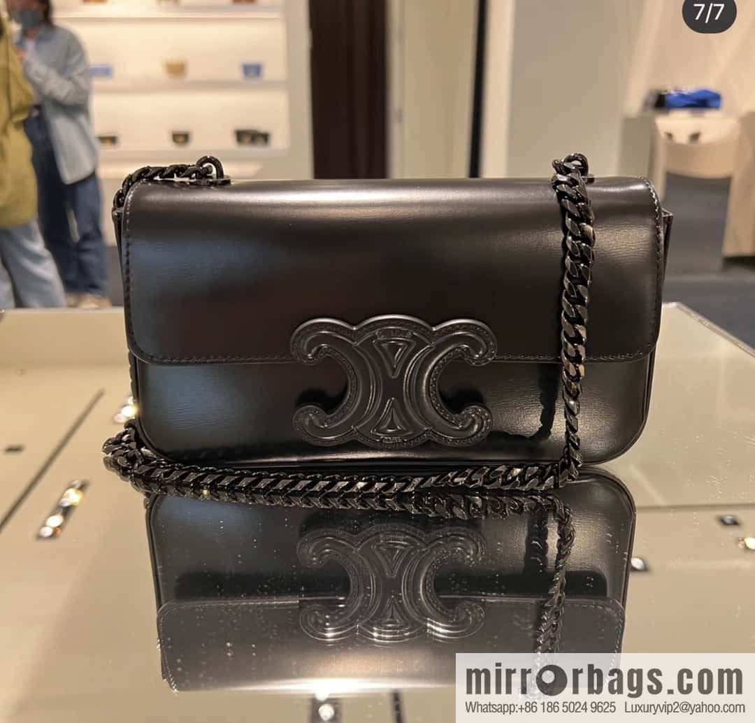 CELINE TRIOMPHE shiny cow leather (fabric) chain strap shoulder backpack 199243 black