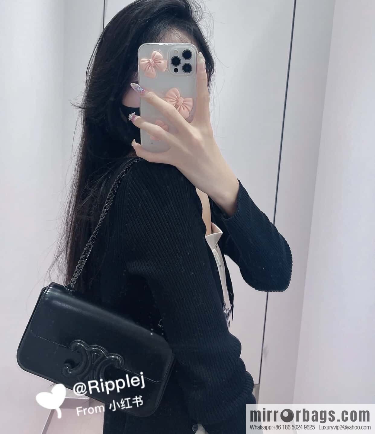 CELINE TRIOMPHE shiny cow leather (fabric) chain strap shoulder backpack 199243 black