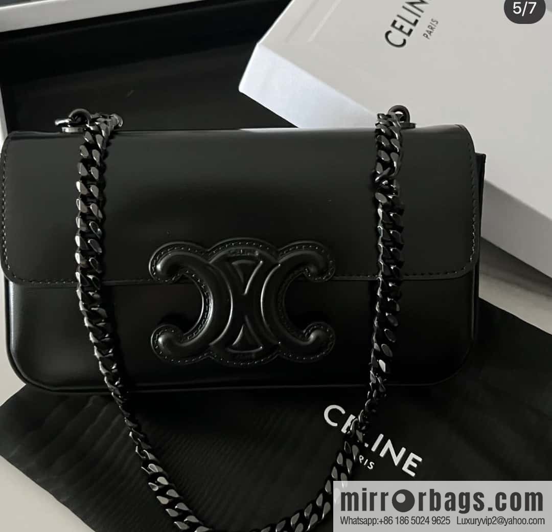 CELINE TRIOMPHE shiny cow leather (fabric) chain strap shoulder backpack 199243 black