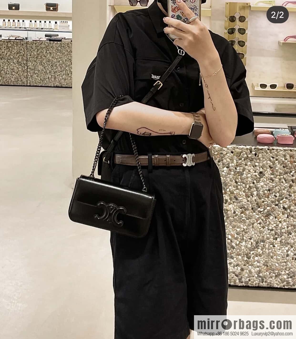 CELINE TRIOMPHE shiny cow leather (fabric) chain strap shoulder backpack 199243 black
