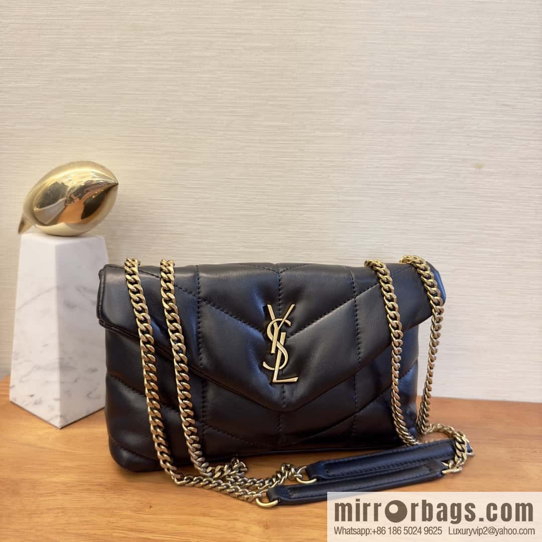 YSL 𝑳𝒐𝒖𝑳𝒐𝒖 𝒑𝒖𝒇𝒇𝒆𝒓 𝒎𝒊𝒏𝒊 2 3CM black gold buckle • double chain strap 759337