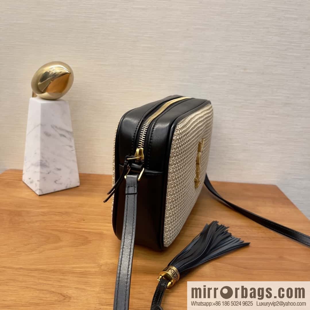 YSL camera bag _ black leather with woven 520534