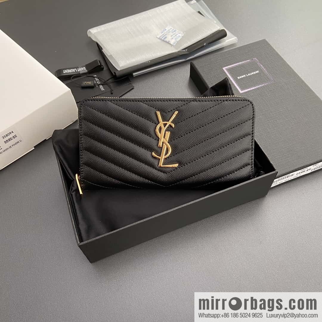 YSL MATELASSE flip grain embossed leather (fabric) wrap around zipper wallet 358094