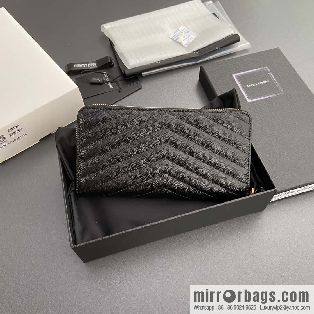 YSL MATELASSE flip grain embossed leather (fabric) wrap around zipper wallet 358094