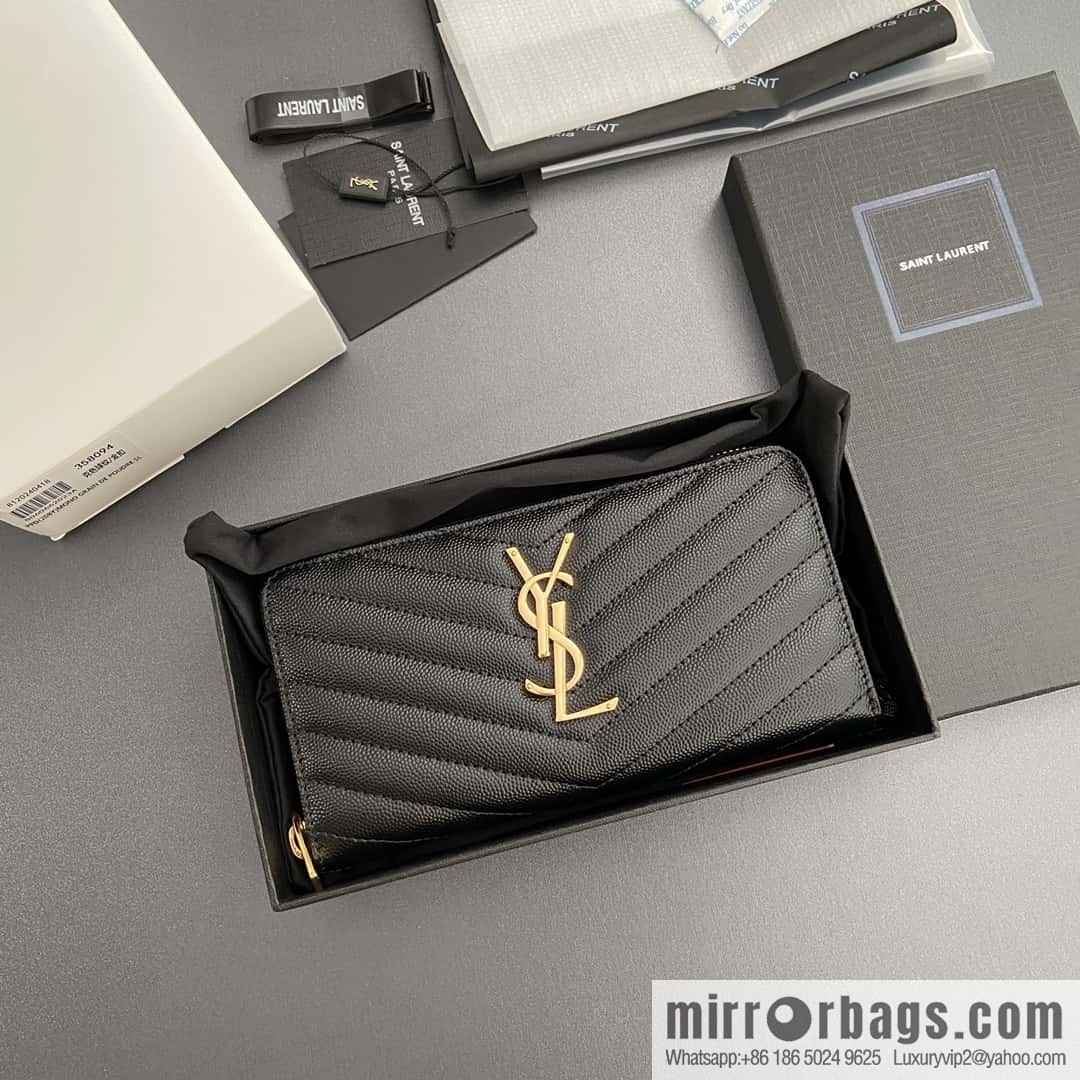 YSL MATELASSE flip grain embossed leather (fabric) wrap around zipper wallet 358094