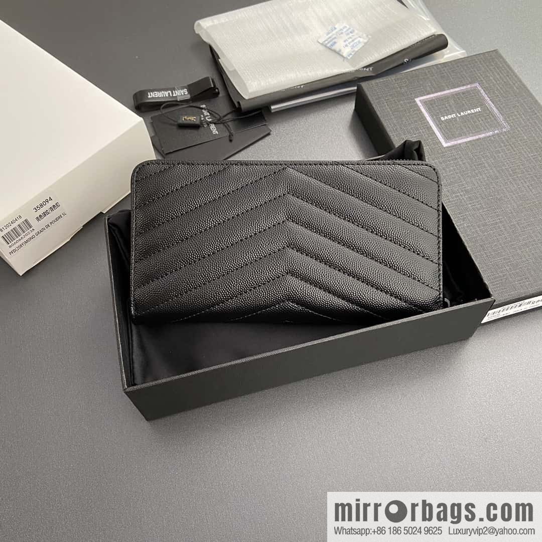 YSL MATELASSE flip grain embossed leather (fabric) wrap around zipper wallet 358094