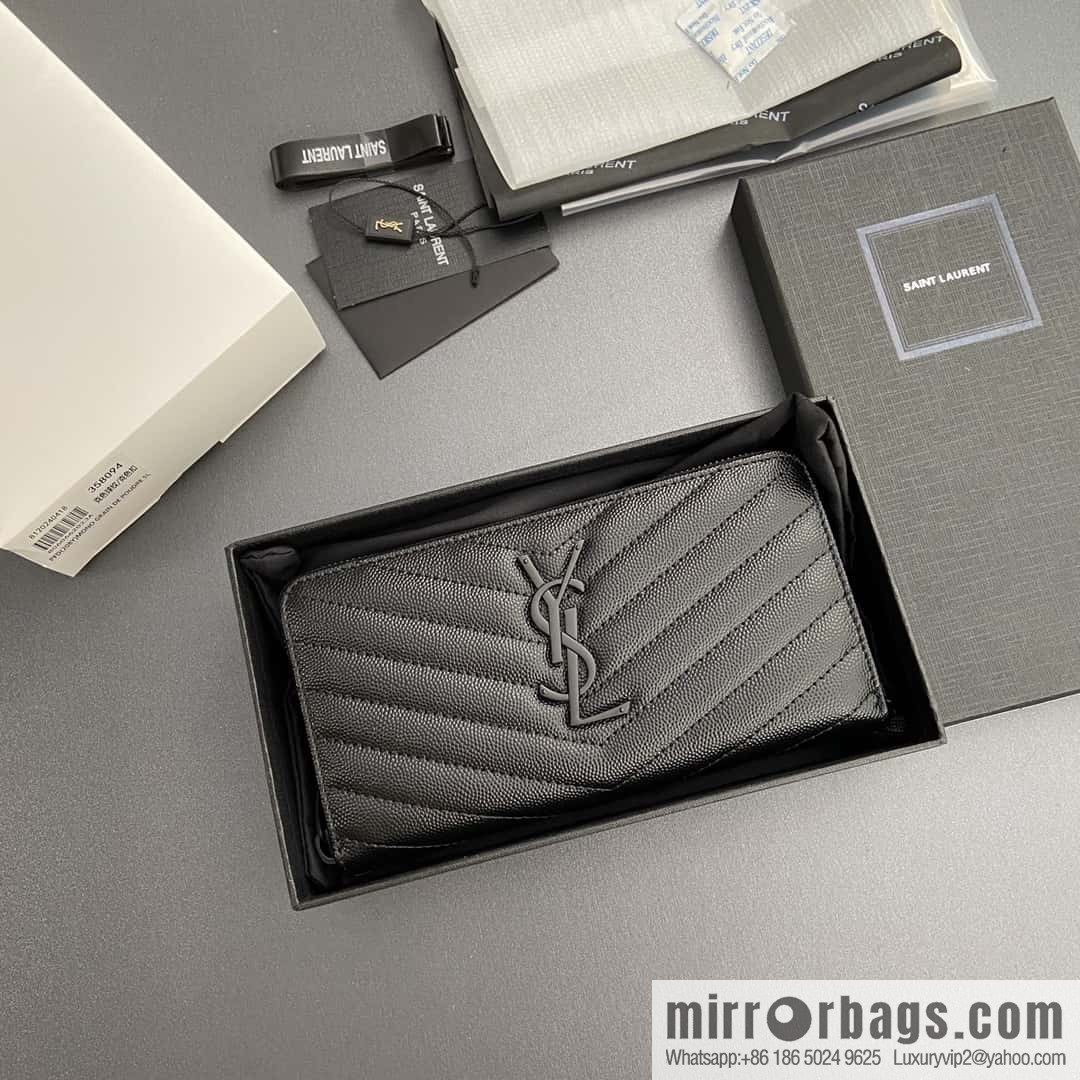 YSL MATELASSE flip grain embossed leather (fabric) wrap around zipper wallet 358094