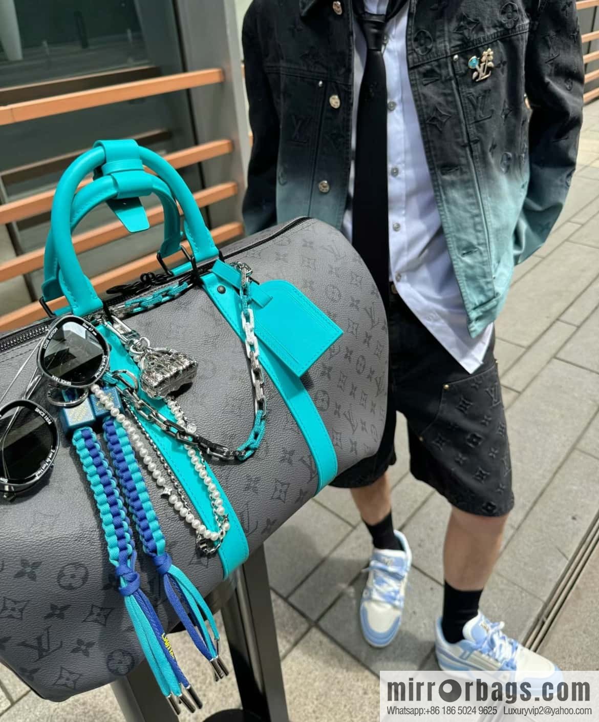 [Boutique‑grade] M11481 blue/silver flower, travel bag series Keepall Bandoulière 45 travel bag