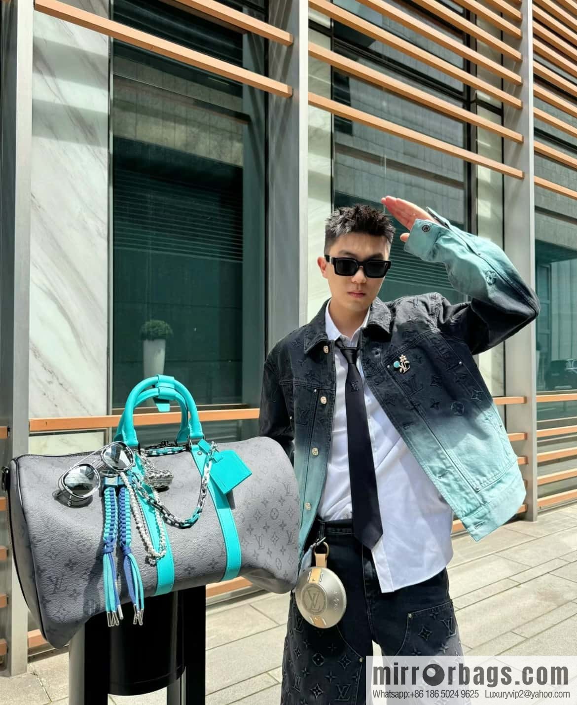 [Boutique‑grade] M11481 blue/silver flower, travel bag series Keepall Bandoulière 45 travel bag