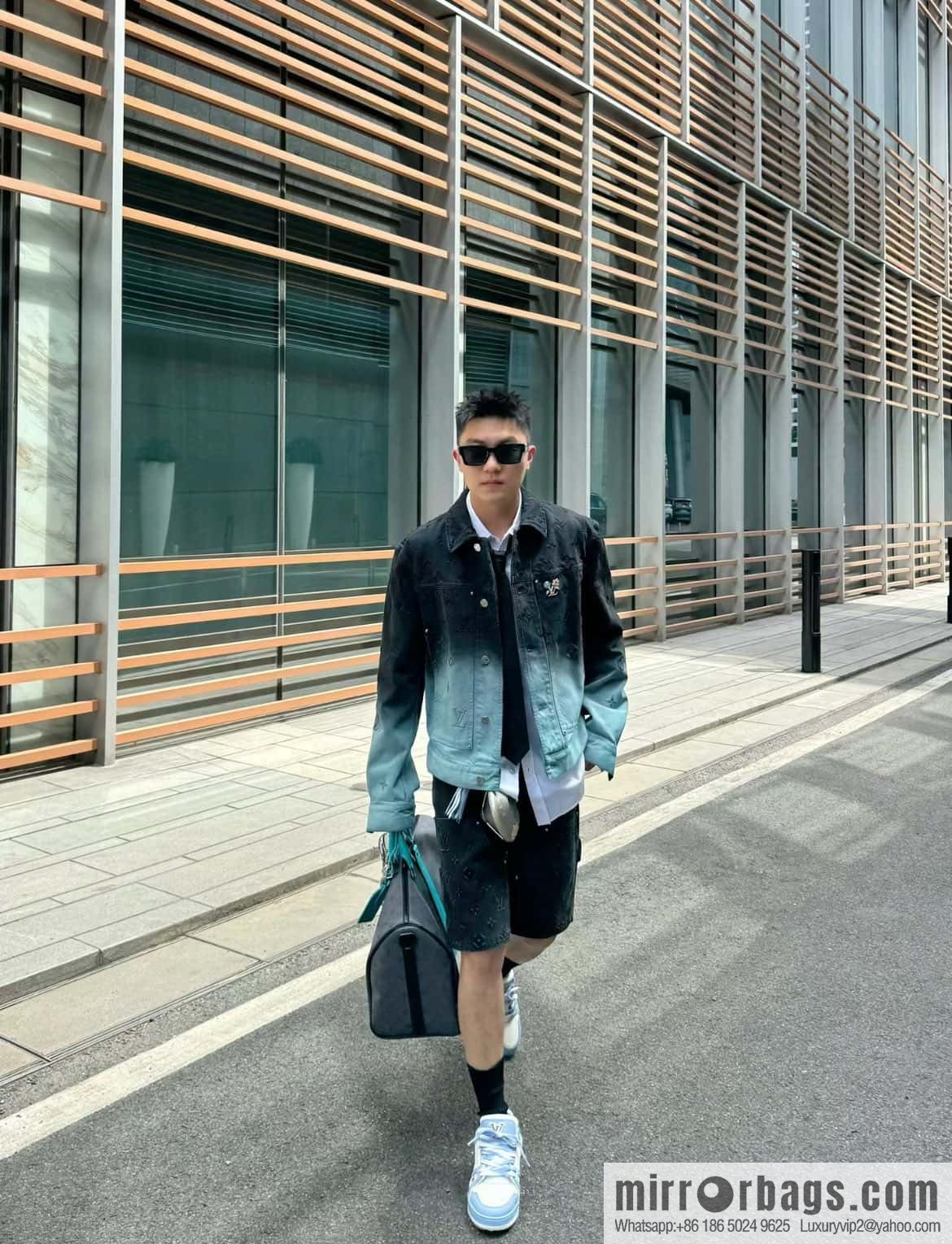 [Boutique‑grade] M11481 blue/silver flower, travel bag series Keepall Bandoulière 45 travel bag