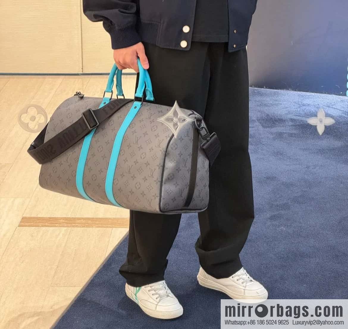 [Boutique‑grade] M11481 blue/silver flower, travel bag series Keepall Bandoulière 45 travel bag