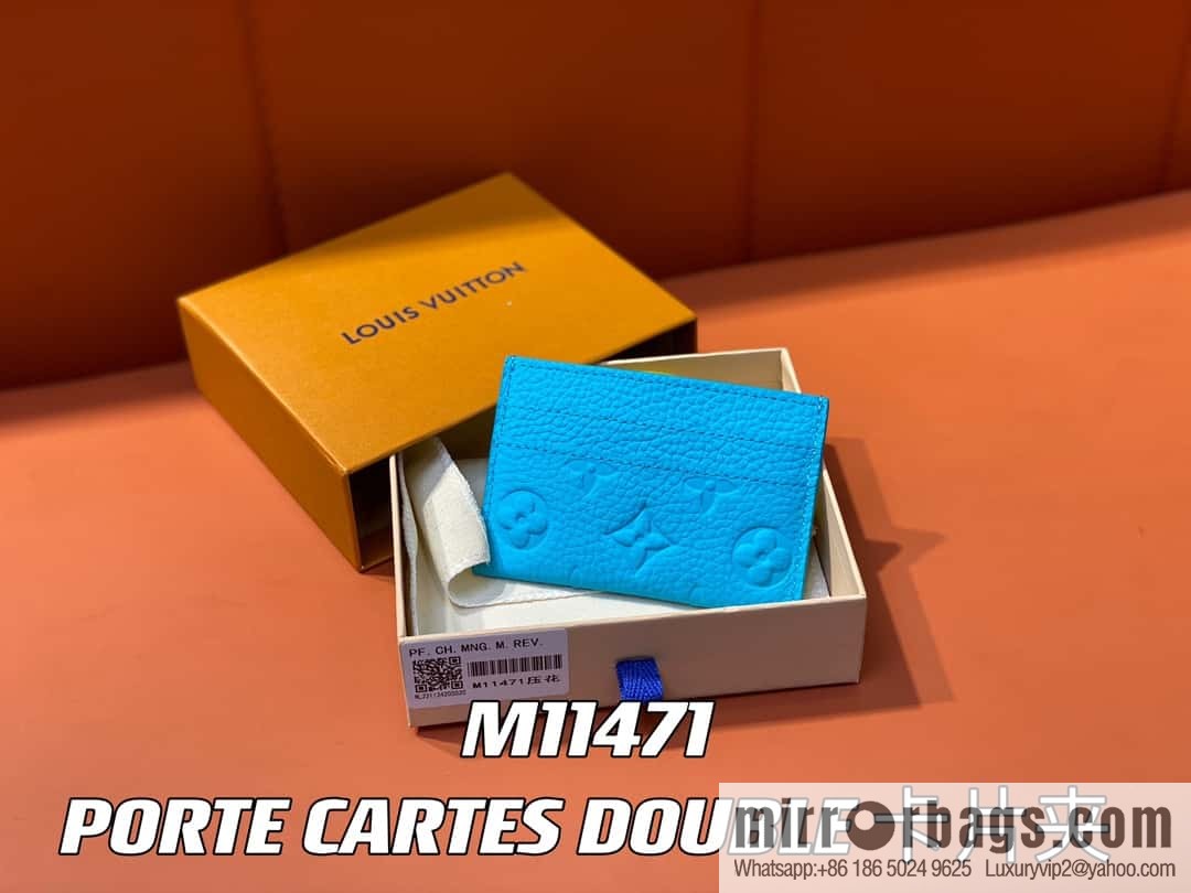[Boutique‑grade] M11471 blue full leather embossed, card bag wallet series PORTE CARTES DOUBLE card holder