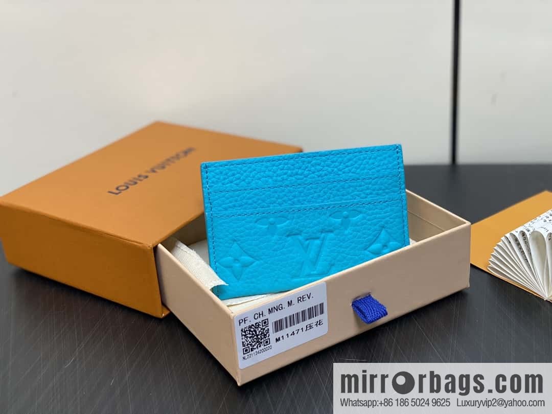 [Boutique‑grade] M11471 blue full leather embossed, card bag wallet series PORTE CARTES DOUBLE card holder