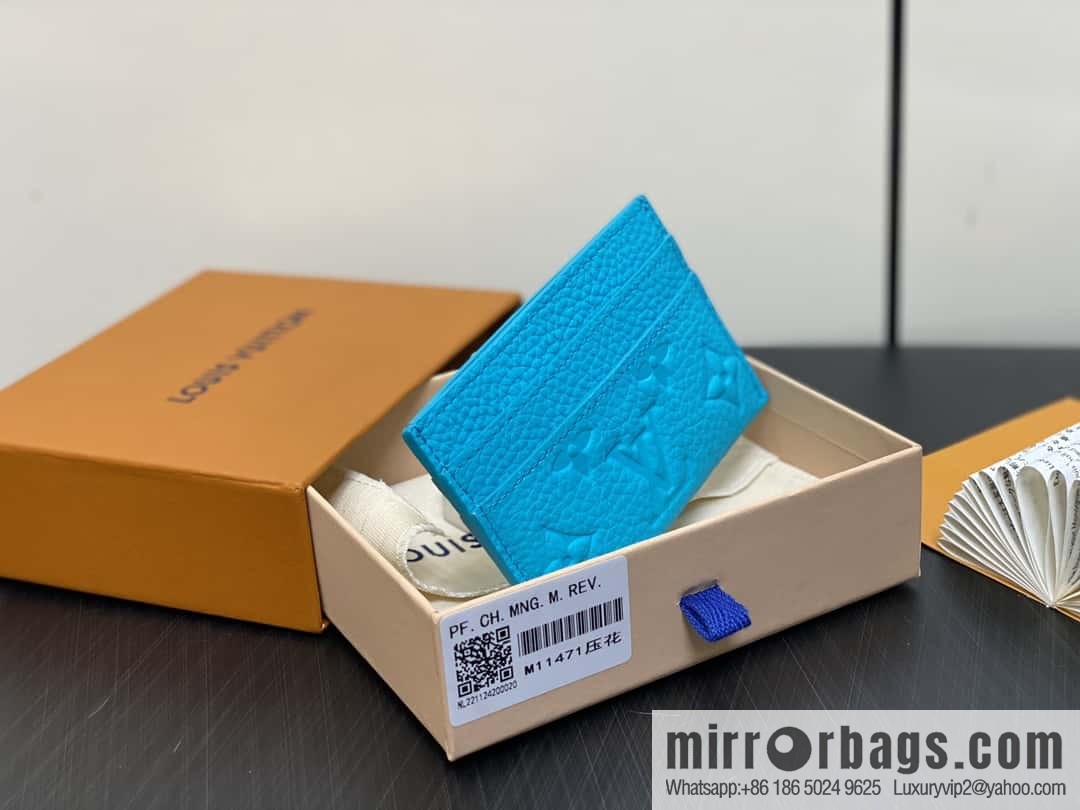 [Boutique‑grade] M11471 blue full leather embossed, card bag wallet series PORTE CARTES DOUBLE card holder
