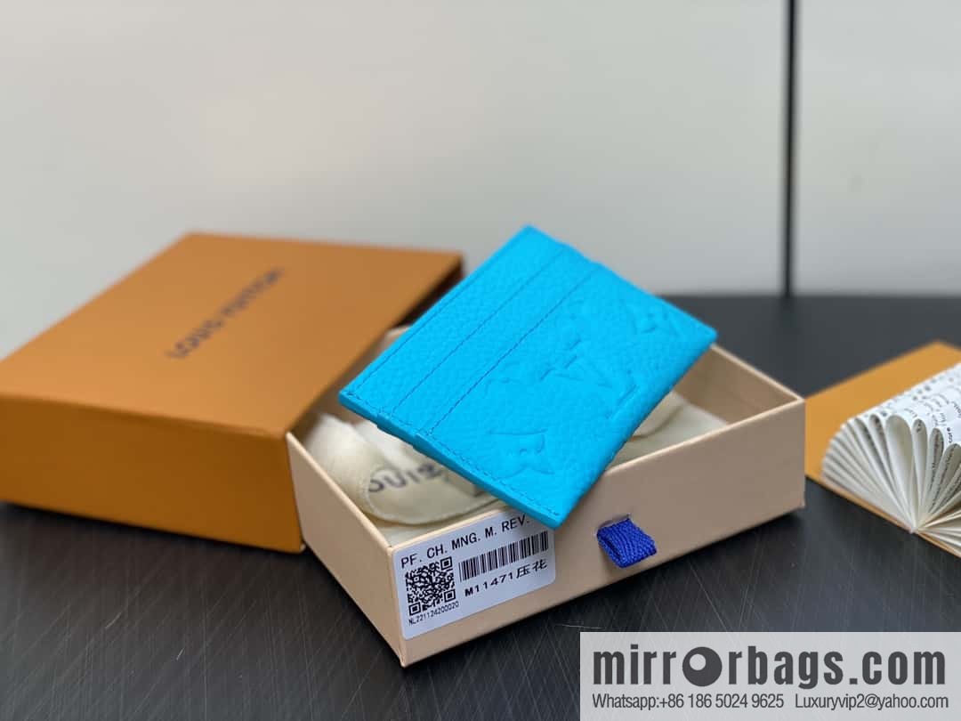 [Boutique‑grade] M11471 blue full leather embossed, card bag wallet series PORTE CARTES DOUBLE card holder
