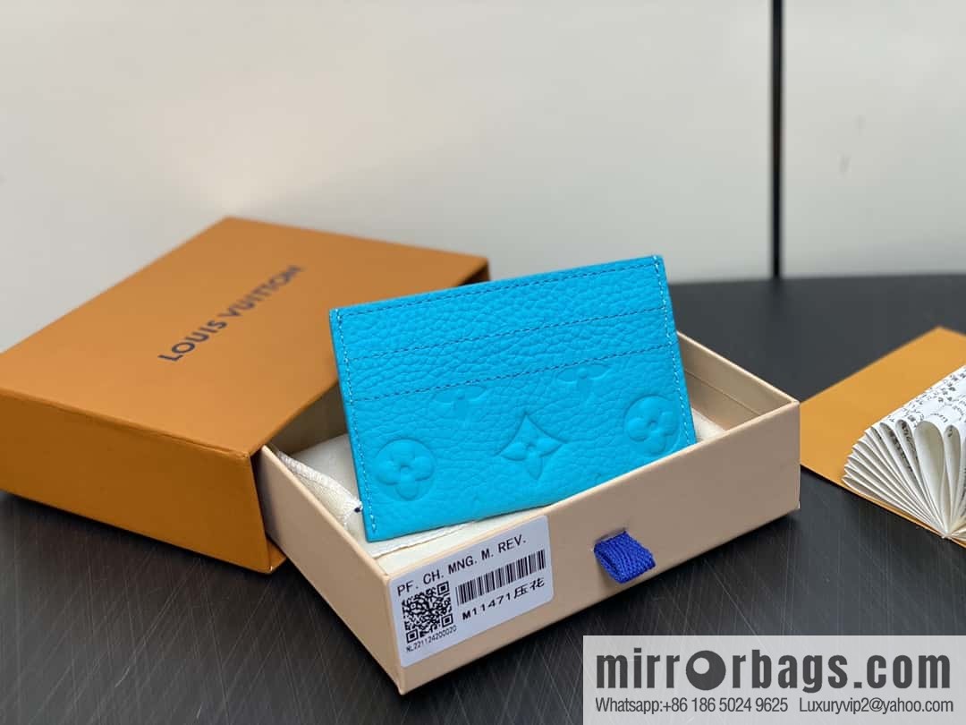 [Boutique‑grade] M11471 blue full leather embossed, card bag wallet series PORTE CARTES DOUBLE card holder