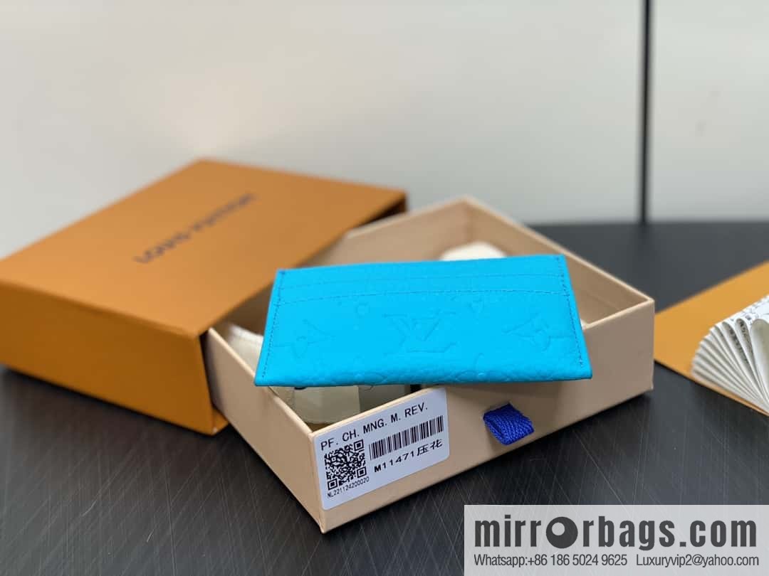 [Boutique‑grade] M11471 blue full leather embossed, card bag wallet series PORTE CARTES DOUBLE card holder