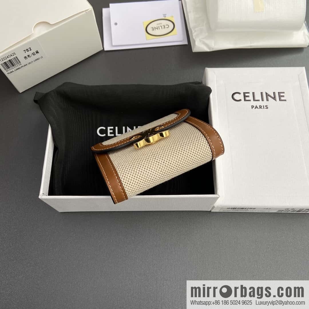 CELINE TRIOMPHE Fabric Apricot Cloth and Cow Leather Short Wallet 10D782CQH.04LU783