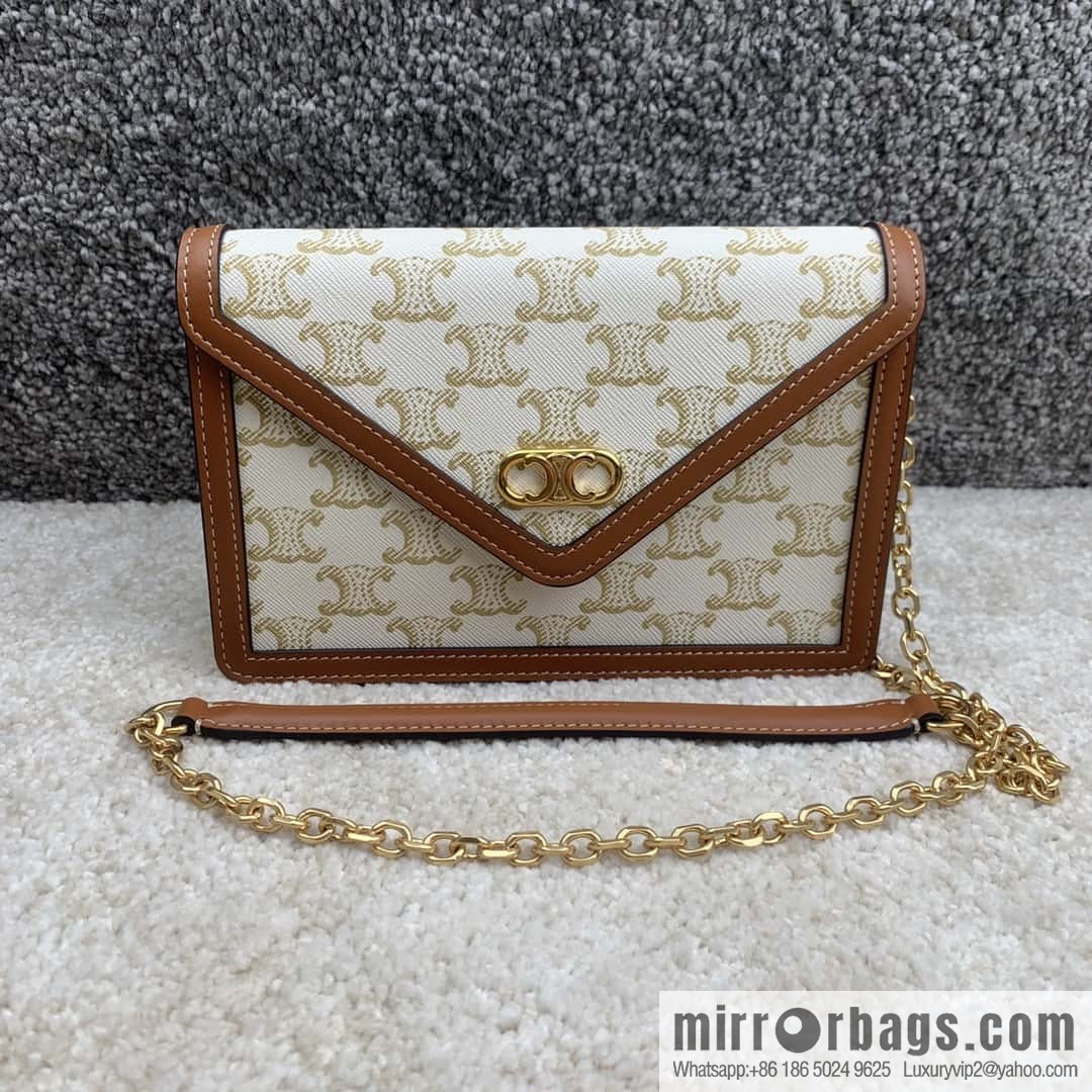CELINE MAILLON TRIOMPHE logo printed sheepskin chain wallet 10H422 white flower