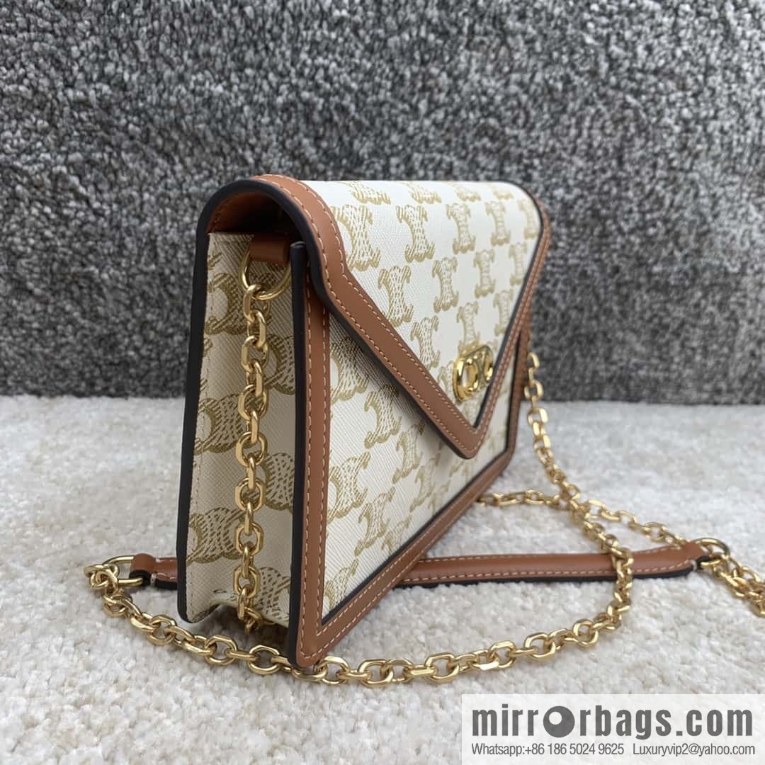 CELINE MAILLON TRIOMPHE logo printed sheepskin chain wallet 10H422 white flower