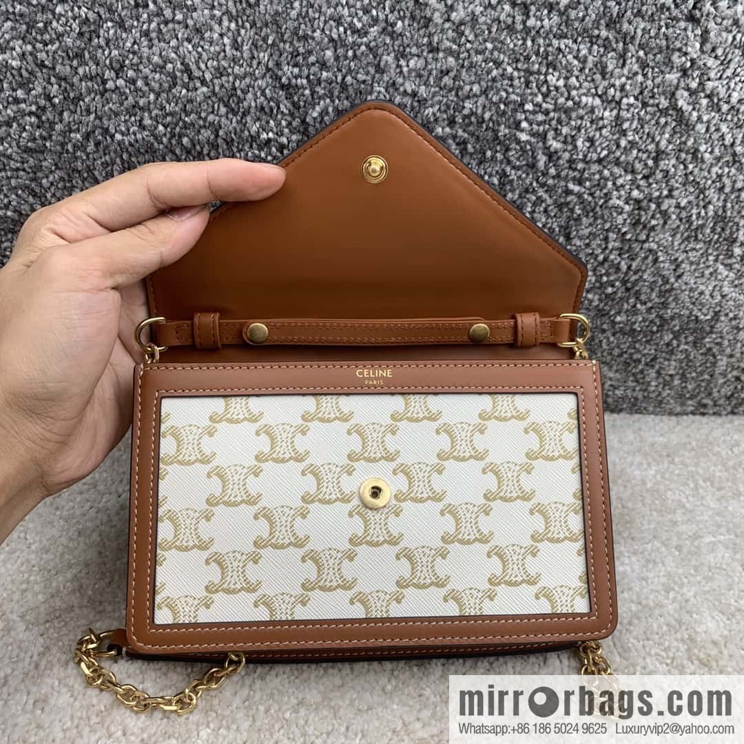 CELINE MAILLON TRIOMPHE logo printed sheepskin chain wallet 10H422 white flower
