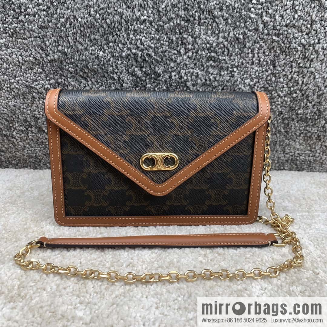 CELINE MAILLON TRIOMPHE logo printed sheepskin chain wallet 10H422 tan