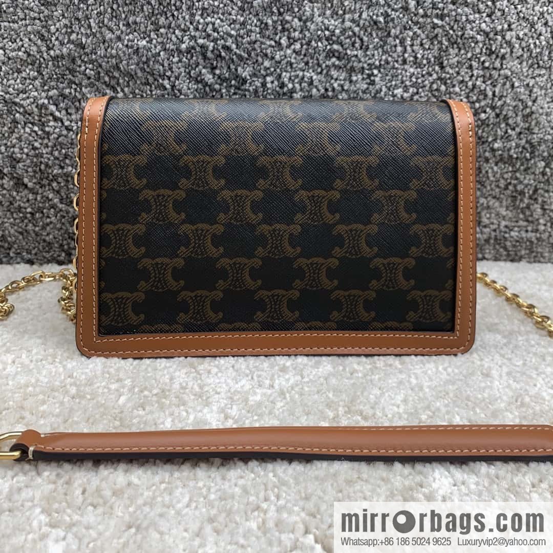 CELINE MAILLON TRIOMPHE logo printed sheepskin chain wallet 10H422 tan