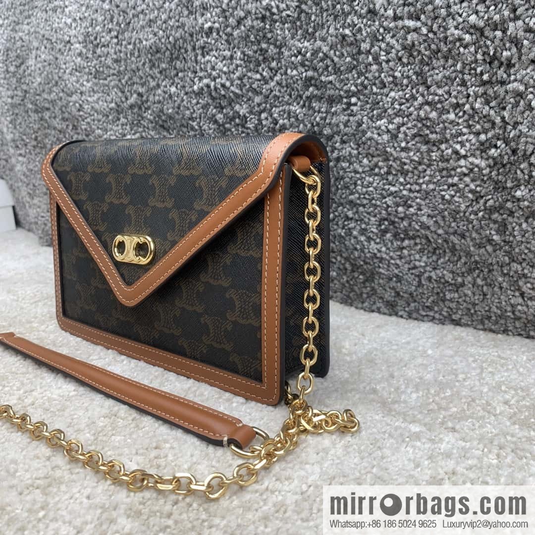 CELINE MAILLON TRIOMPHE logo printed sheepskin chain wallet 10H422 tan