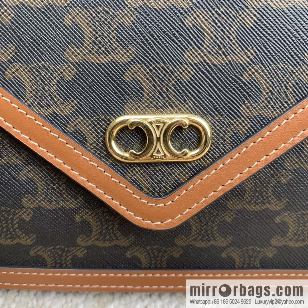 CELINE MAILLON TRIOMPHE logo printed sheepskin chain wallet 10H422 tan