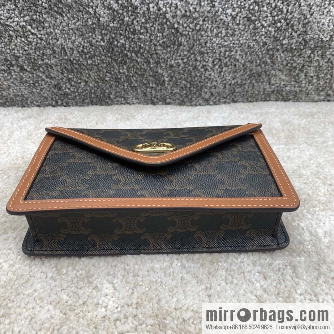 CELINE MAILLON TRIOMPHE logo printed sheepskin chain wallet 10H422 tan