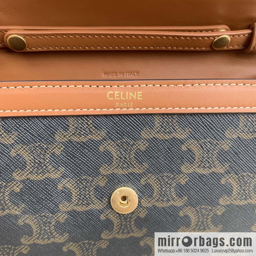 CELINE MAILLON TRIOMPHE logo printed sheepskin chain wallet 10H422 tan