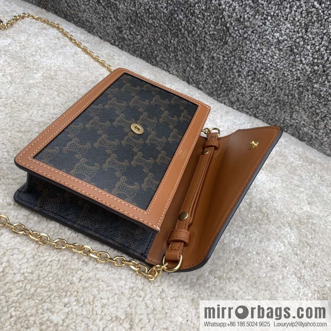 CELINE MAILLON TRIOMPHE logo printed sheepskin chain wallet 10H422 tan