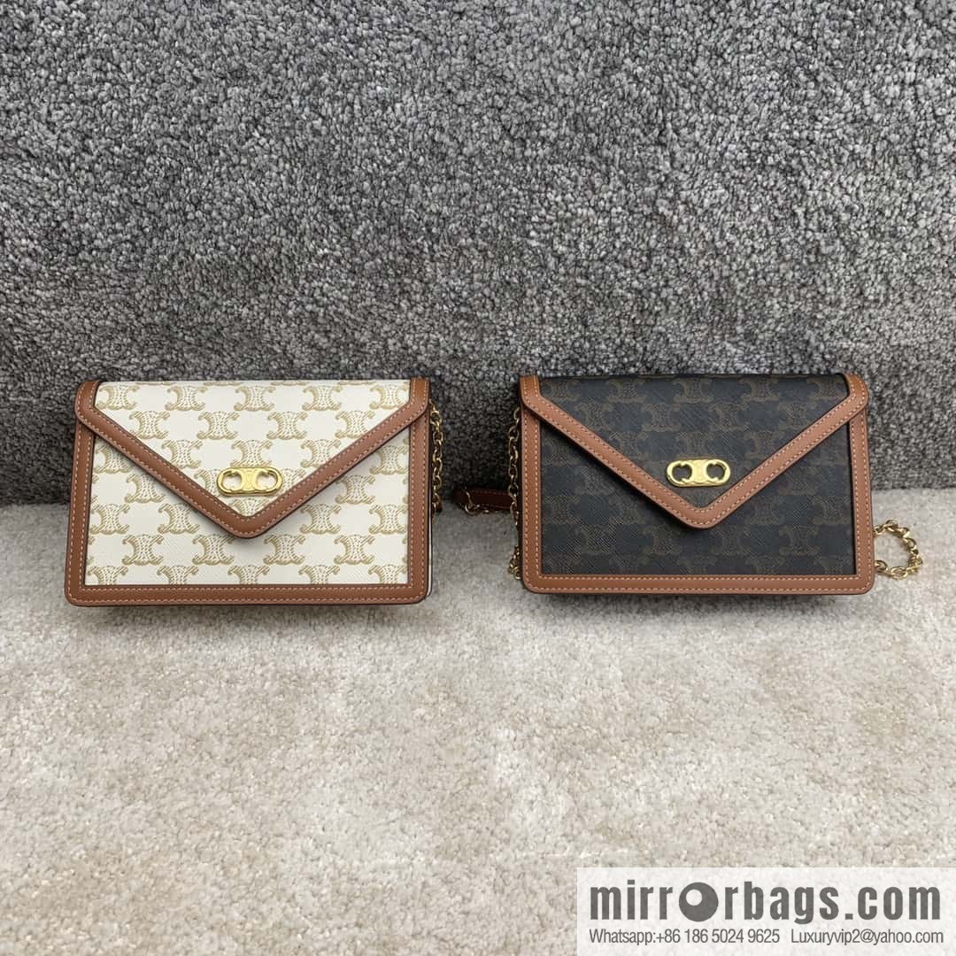 CELINE MAILLON TRIOMPHE logo printed sheepskin chain wallet 10H422 tan