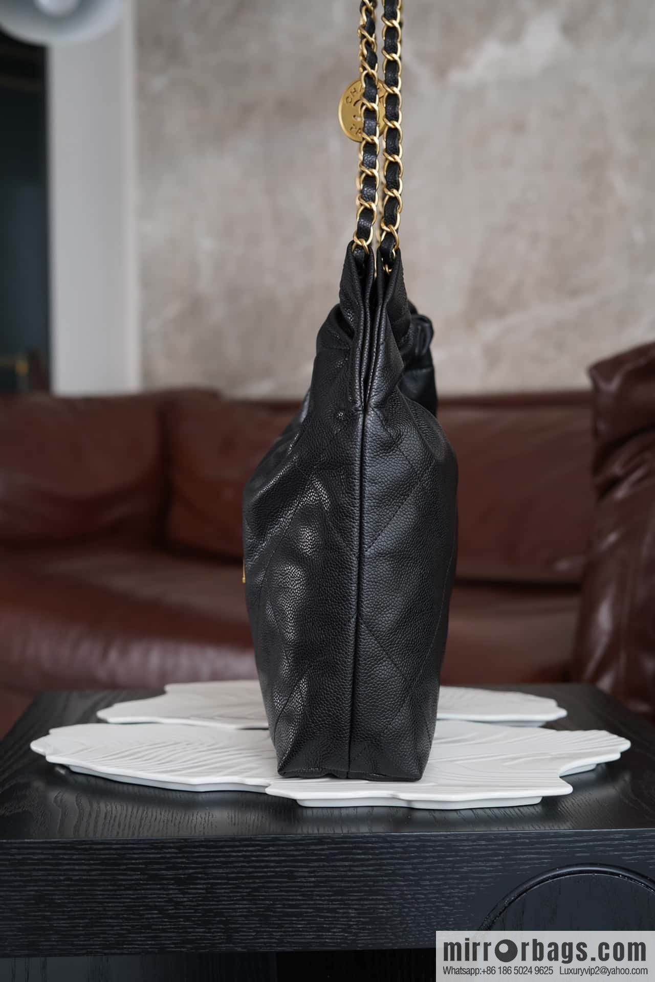 CHANEL New Lychee Pattern Handbag, Small Black Gold Buckle AS3260