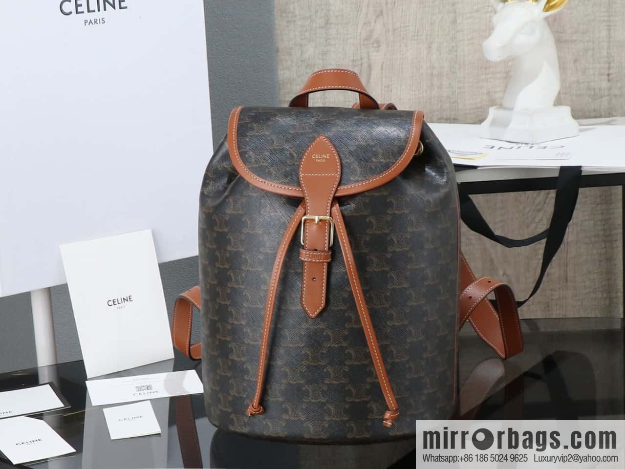 [Premium all-steel hardware] CELINE FOLCO logo printed cow leather medium backpack model: 117902