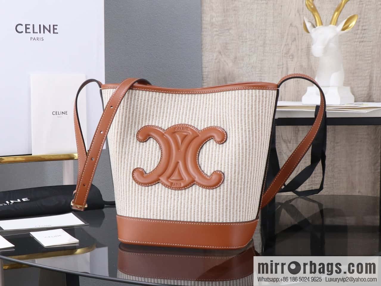 [Premium all-steel hardware] CUIR TRIOMPHE small smooth cowhide with linen fabric bucket bag number: 198243