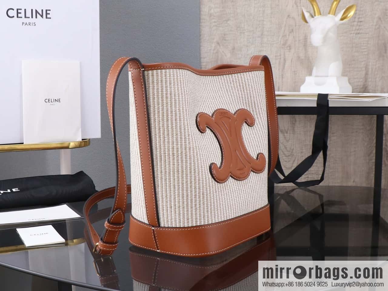 [Premium all-steel hardware] CUIR TRIOMPHE small smooth cowhide with linen fabric bucket bag number: 198243