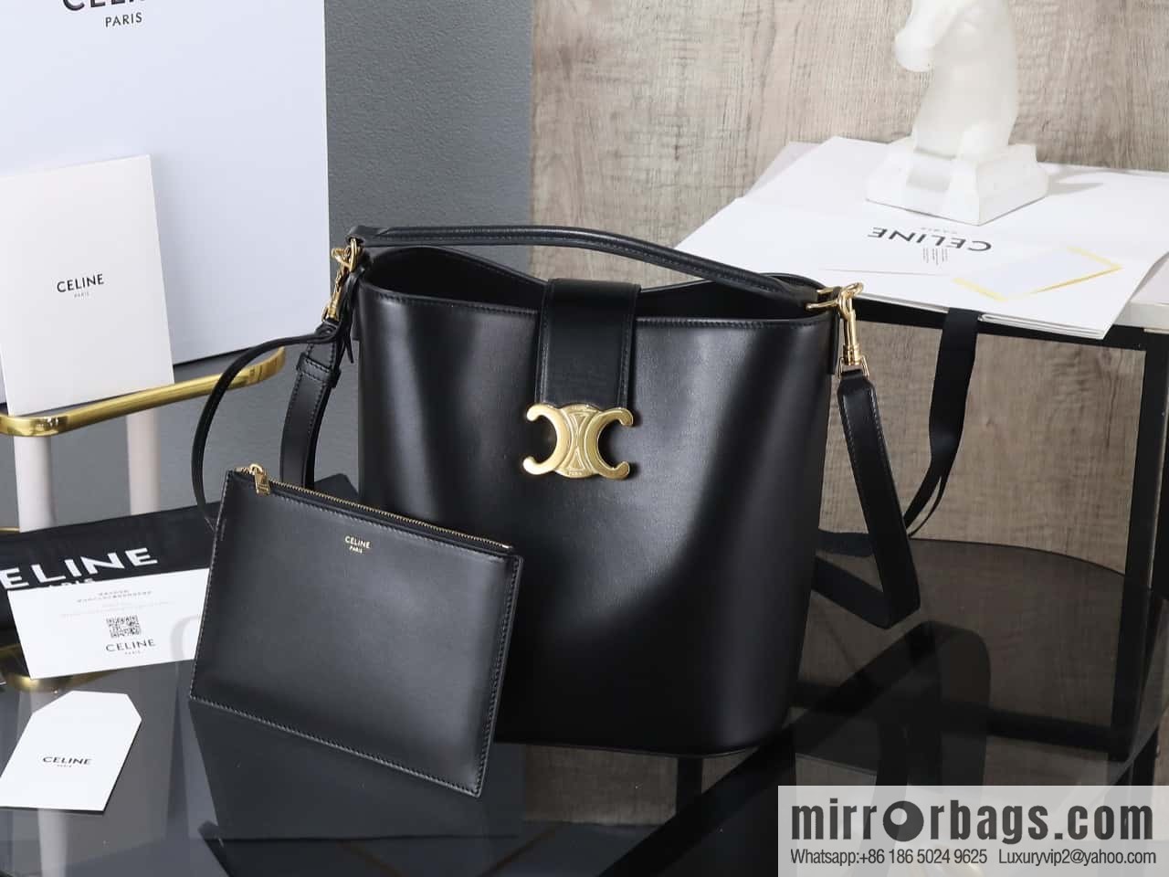 [Premium all-steel hardware] 24s new Louise bucket bag CELINE LOUISE medium smooth cow leather handbag No.: 116613FX9.38NO