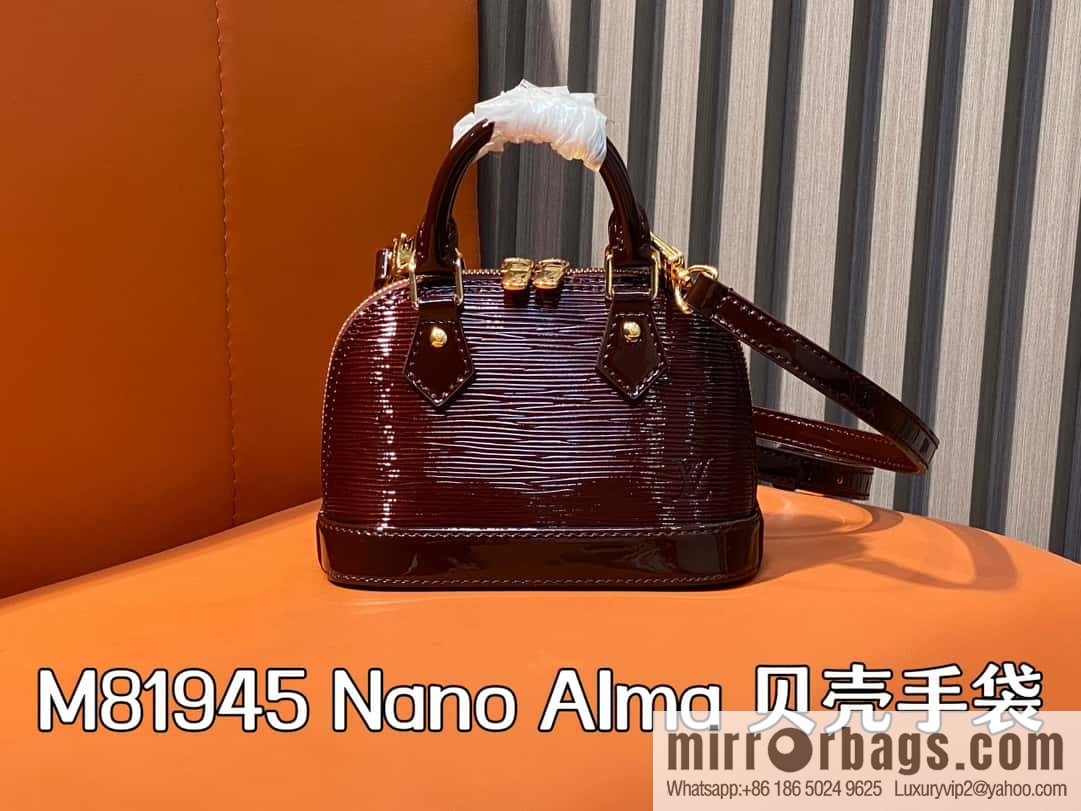 [Boutique‑grade] M81945 burgundy patent leather, patent leather shell bag series Nano Alma shell handbag M81945 83282 water ripple (mirror patent leather) classic Alma handbag