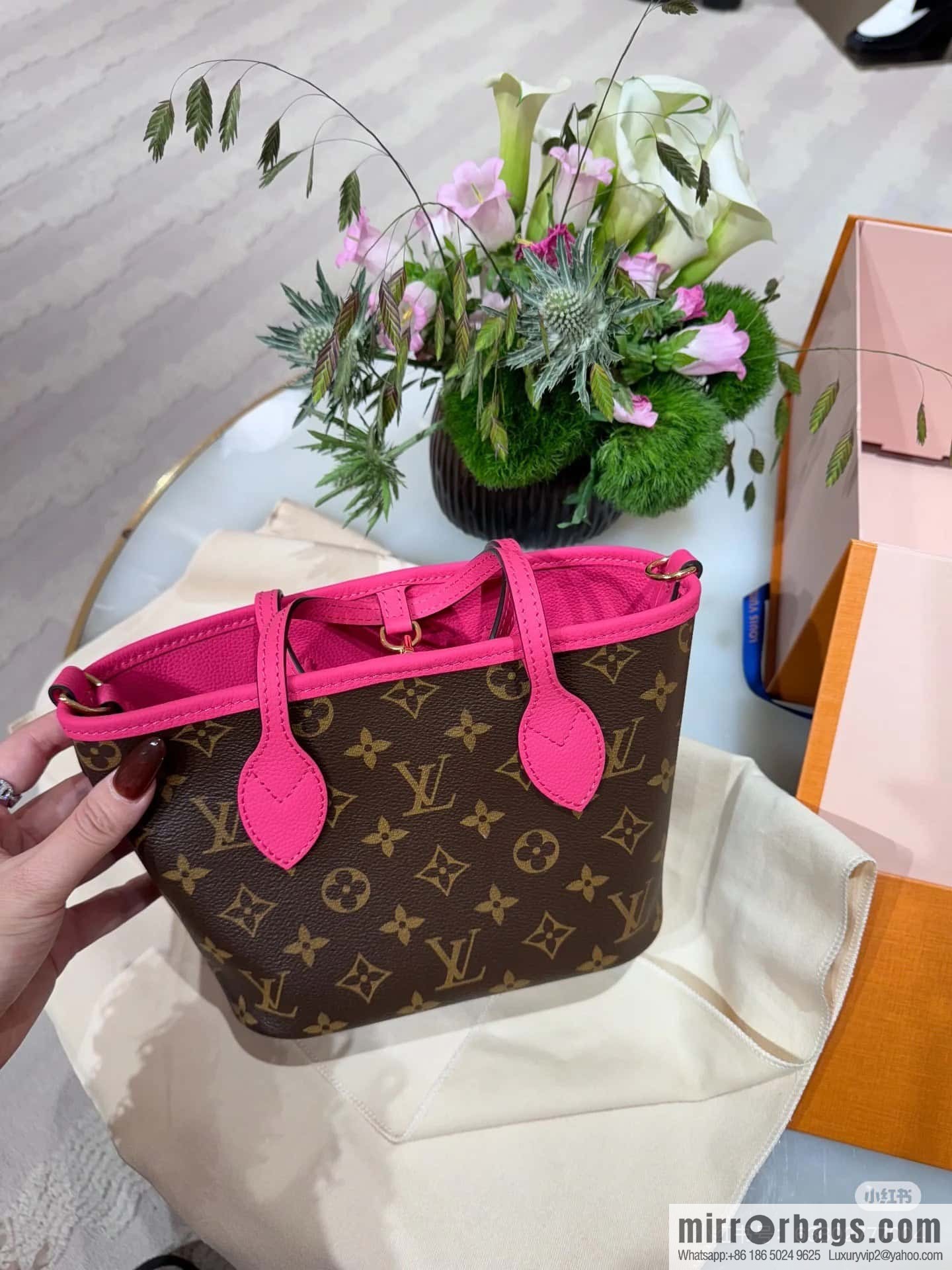 [Boutique‑grade] M12106 presbyopia rose red, double-sided shopping bag series Neverfull Bandoulière Inside Out BB handbag