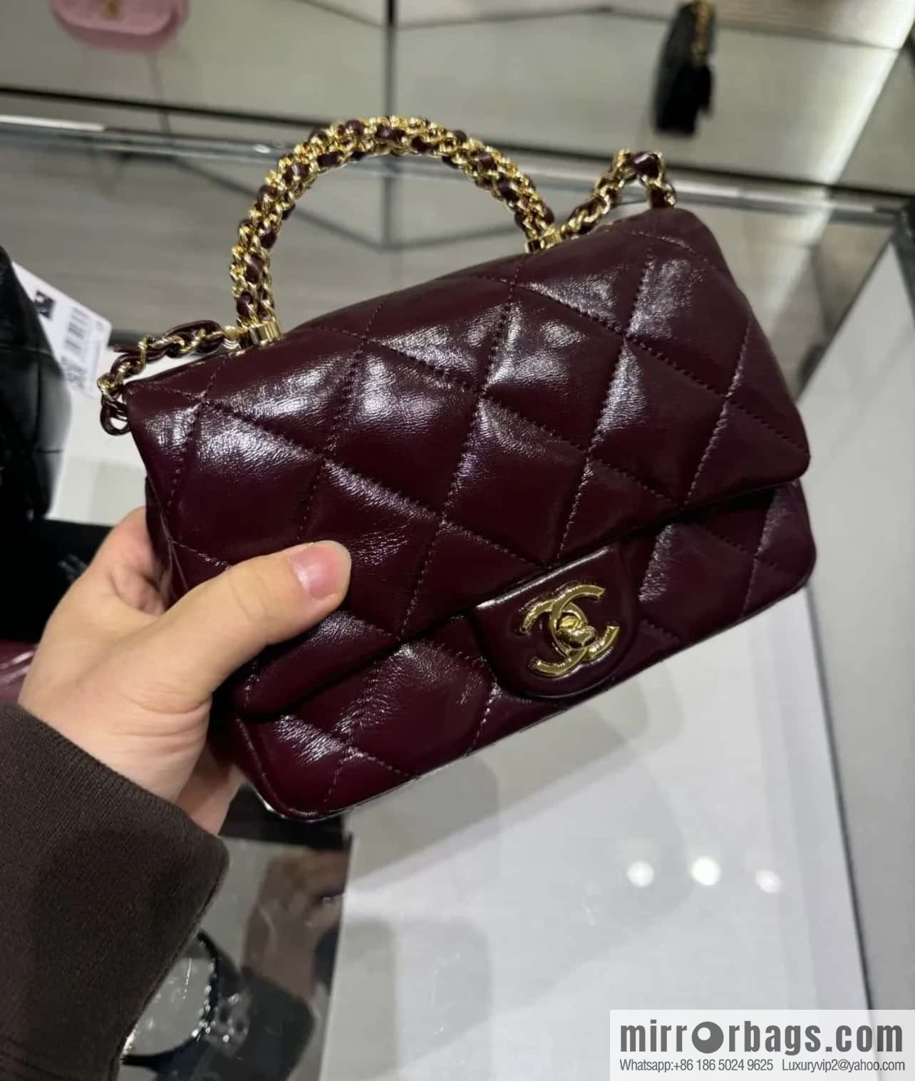 ππππππ πππ Flap new thick chain handle, square fat man, small, burgundy AS5032