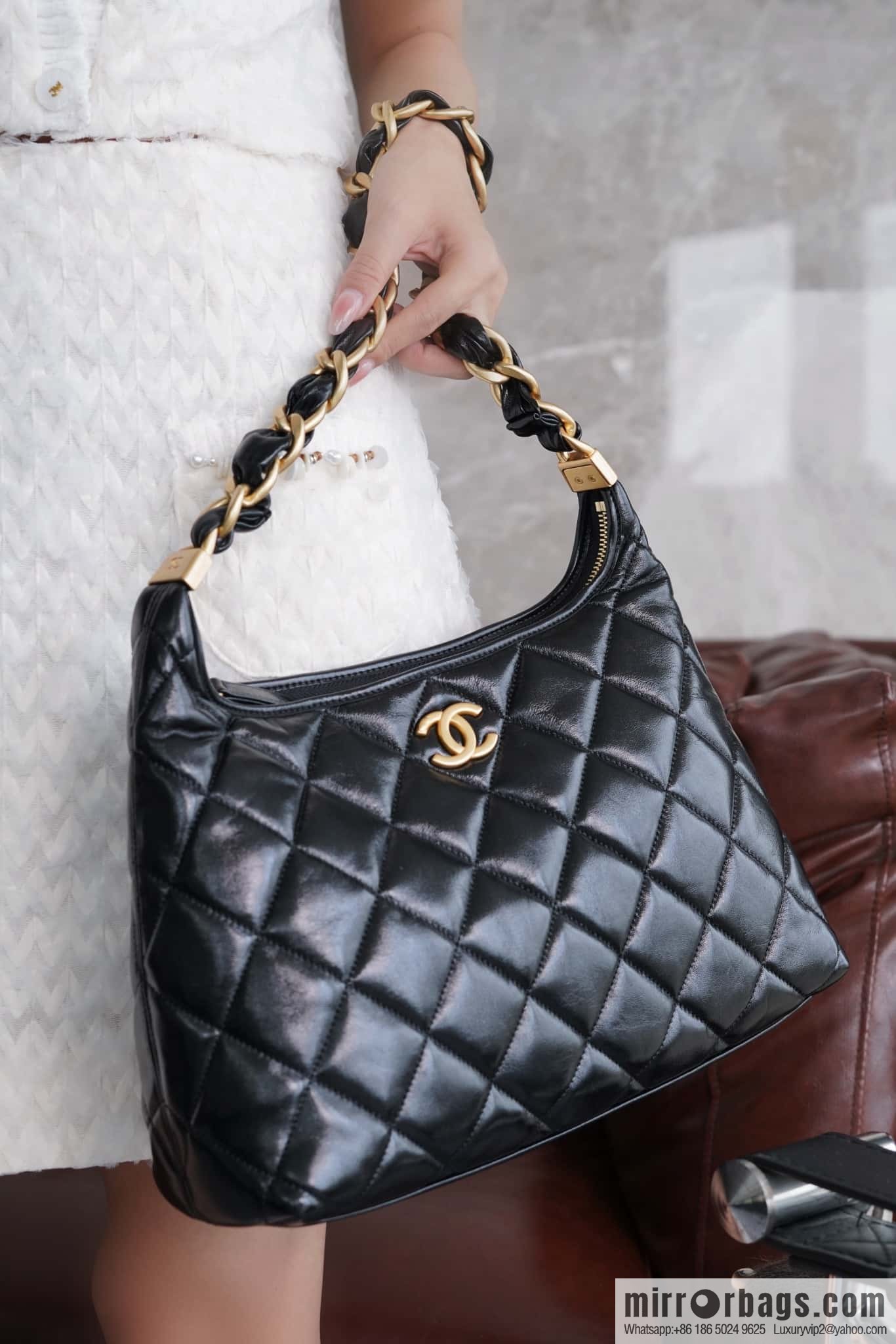 𝐂𝐡𝐚𝐧𝐞𝐥 𝟮𝟰𝗮 Premium Handicraft Workshop Hobo Black, Large, Genuine Leather AS4923
