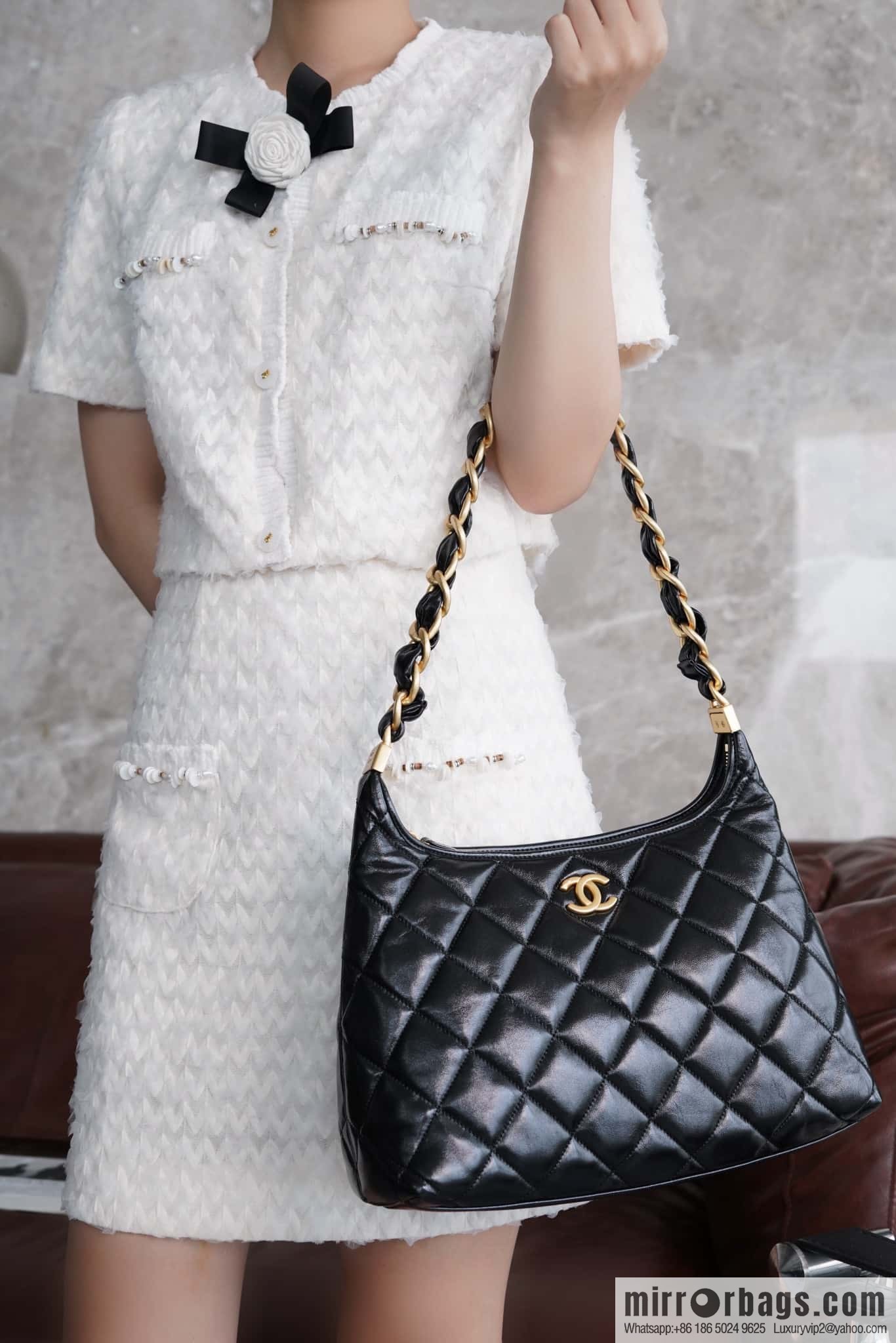 𝐂𝐡𝐚𝐧𝐞𝐥 𝟮𝟰𝗮 Premium Handicraft Workshop Hobo Black, Large, Genuine Leather AS4923