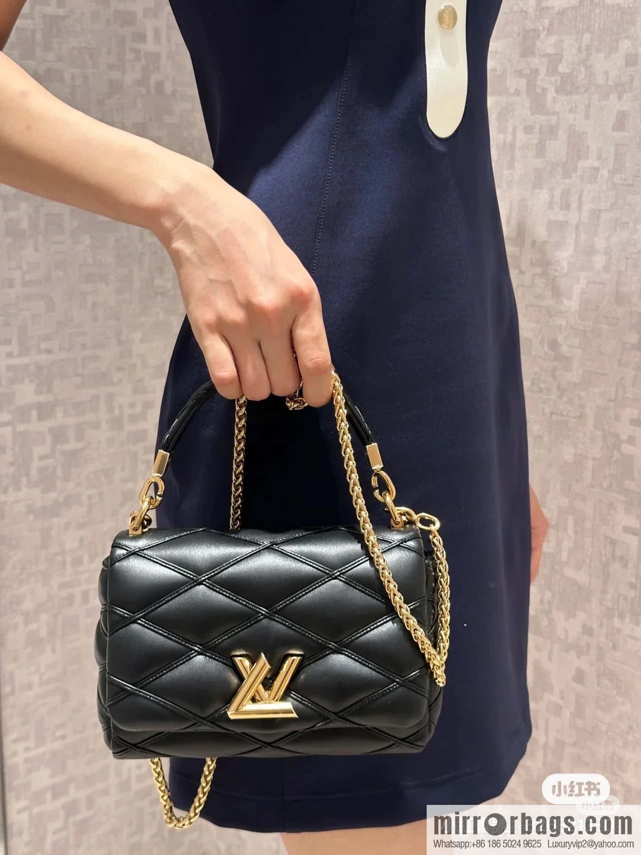 [Boutique‑grade] M12004 black full leather, chain bag, diamond Twist series GO-14 small handbag