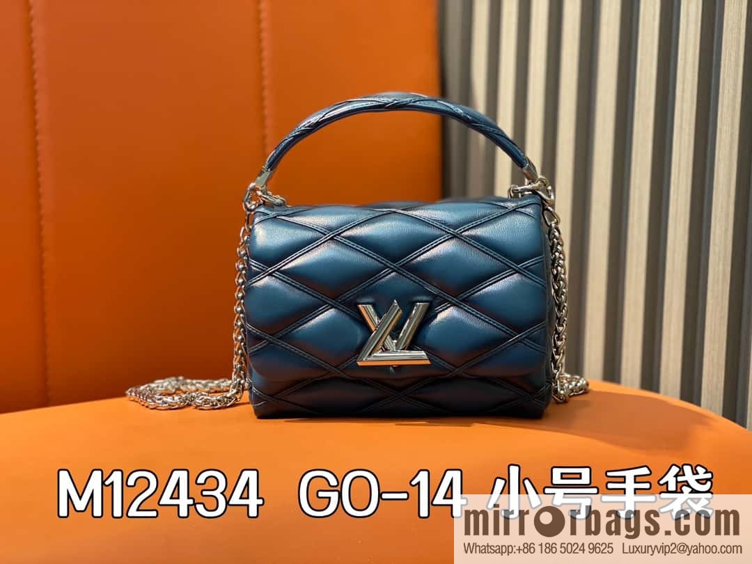 [Boutique‑grade] M12004 denim blue full leather, chain bag, diamond Twist series GO-14 small handbag