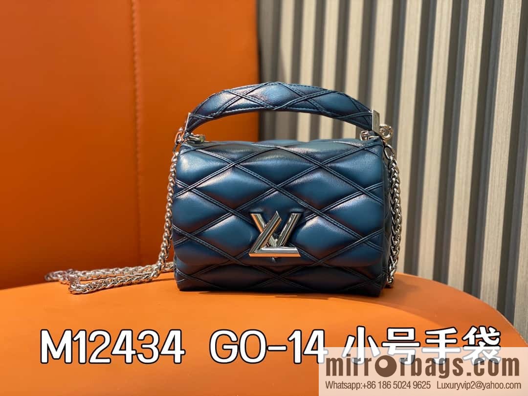 [Boutique‑grade] M12004 denim blue full leather, chain bag, diamond Twist series GO-14 small handbag