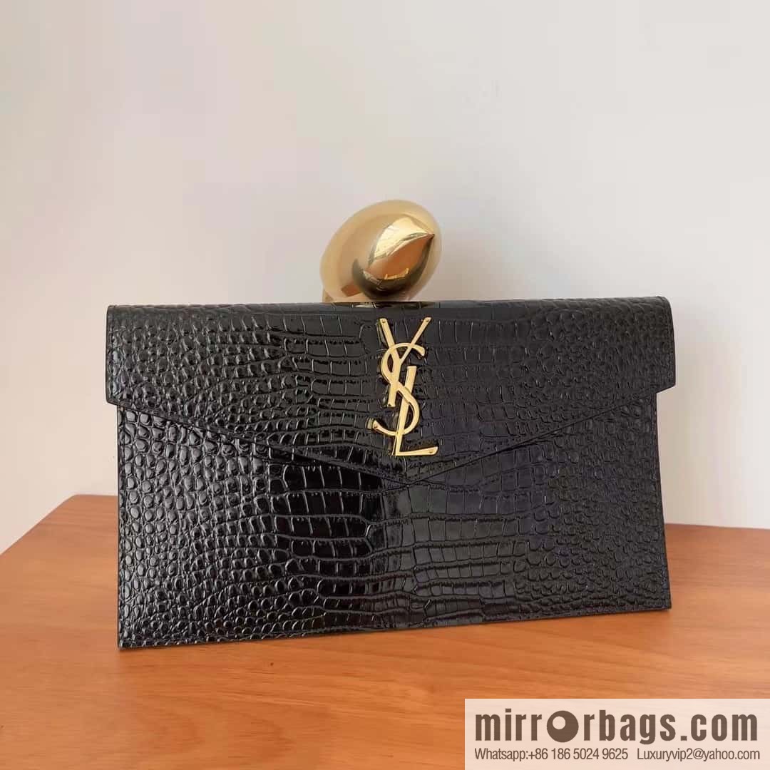 YSL 𝑼𝒑𝒕𝒐𝒘𝒏_ crocodile pattern clutch bag 565739 black/gold buckle