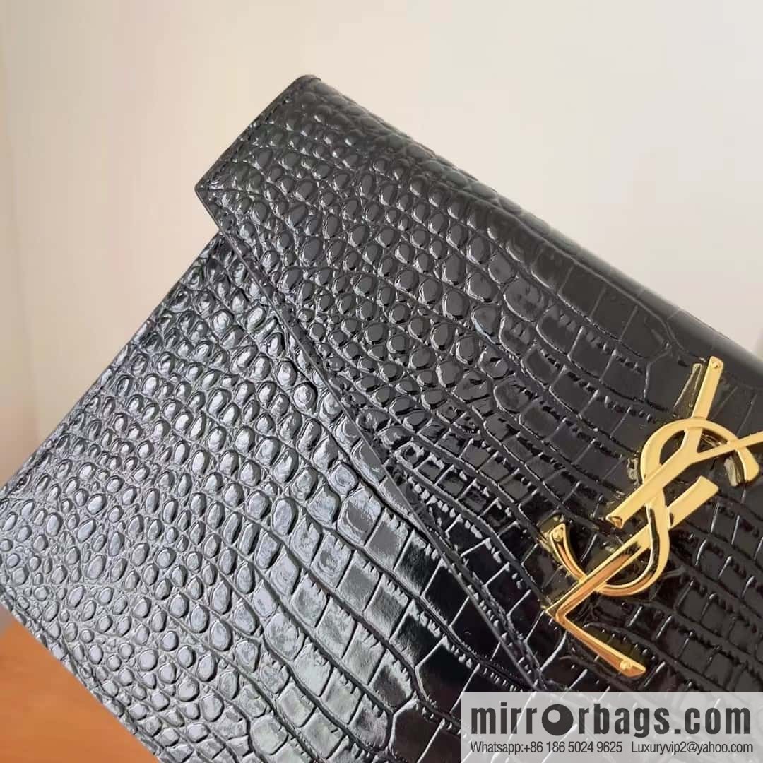 YSL 𝑼𝒑𝒕𝒐𝒘𝒏_ crocodile pattern clutch bag 565739 black/gold buckle