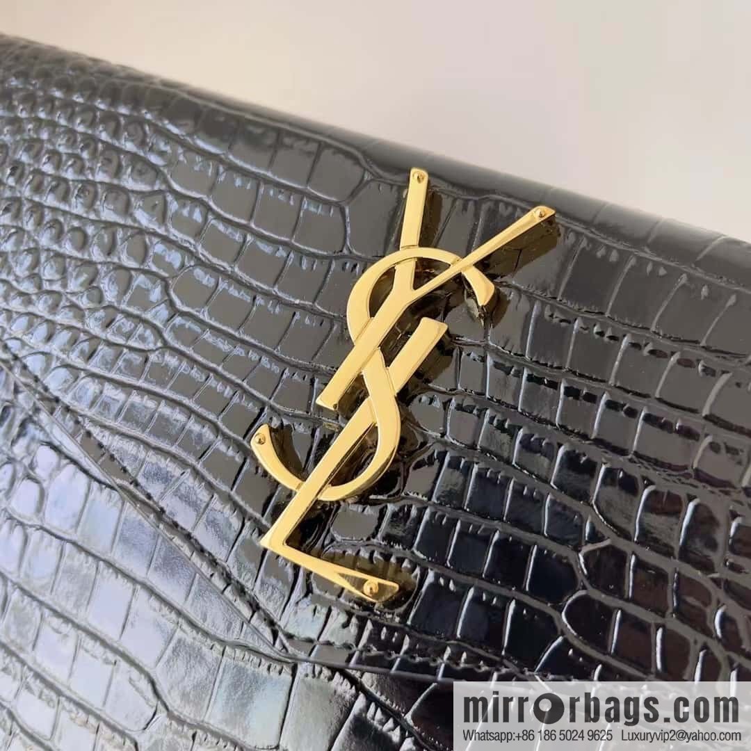 YSL 𝑼𝒑𝒕𝒐𝒘𝒏_ crocodile pattern clutch bag 565739 black/gold buckle