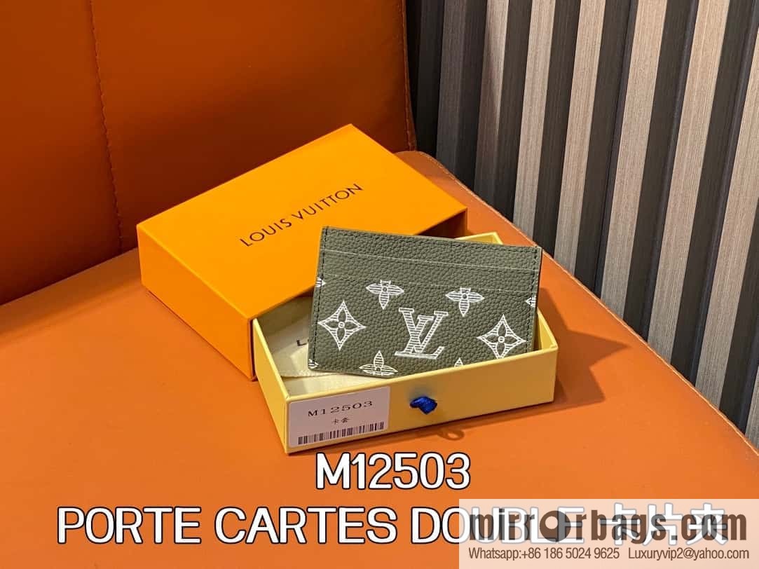 [Boutique‑grade] M12503 green full leather embossed, full leather card bag wallet series PORTE CARTES DOUBLE card holder